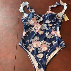Floral print, ruffle shoulder, one piece swimsuit